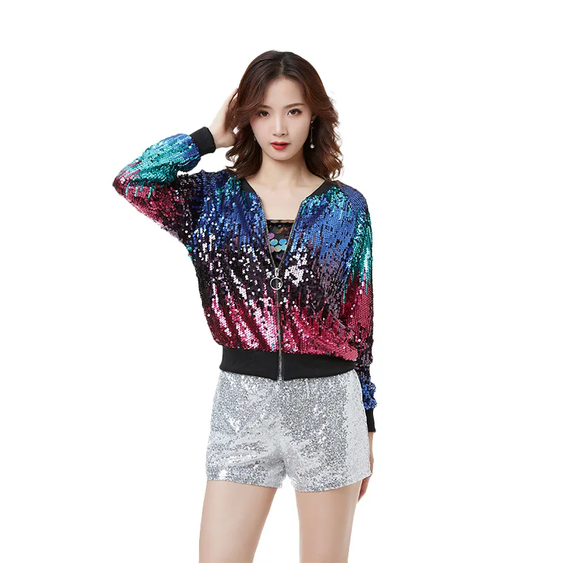 Long sleeved sequin Korean loose jazz dance top, handsome modern trendy sequin performance suit, women's performance suit