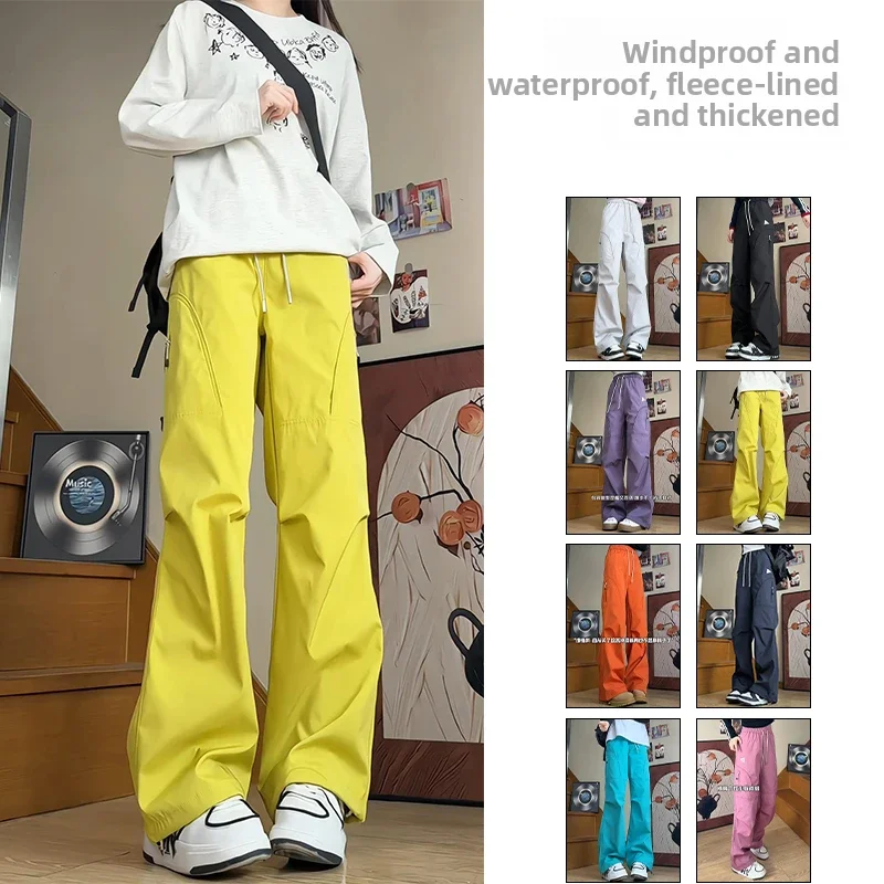 

Outdoor Windproof Fleece Lined Cargo Pants Straight Leg Casual Trousers for Couples Business Gentleman Style Polyester Fiber