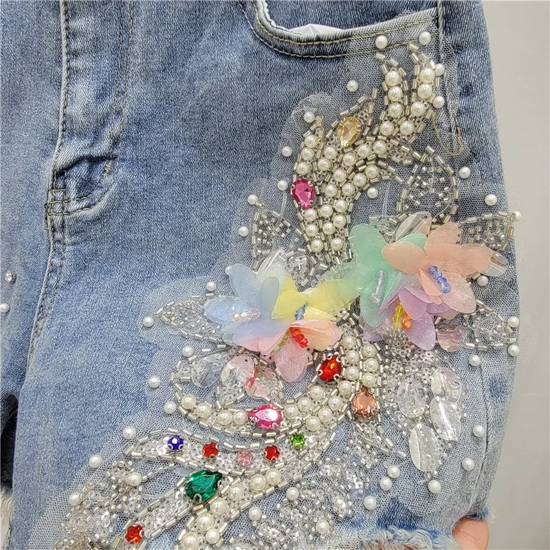 Summer Heavy Industry Beads Three-Dimensional Flower Hot Pants High Waist Loose Elastic Wide-Leg Denim Shorts Women Clothing