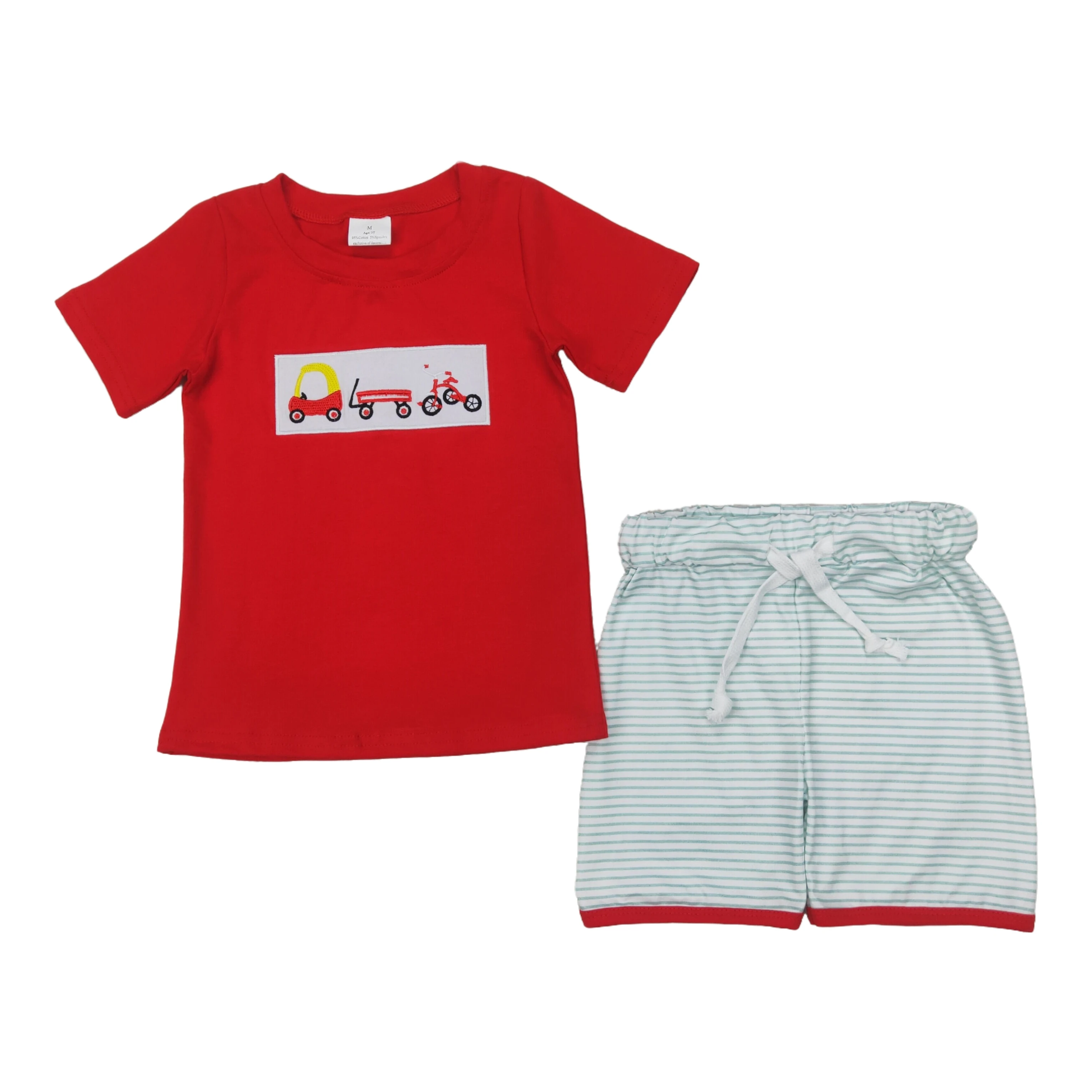 

Wholesale Baby Boy Short Sleeves Red Cotton Shirt Stripes Shorts Outfit Toddler Embroidery Clothes Boutique Children Kids Set