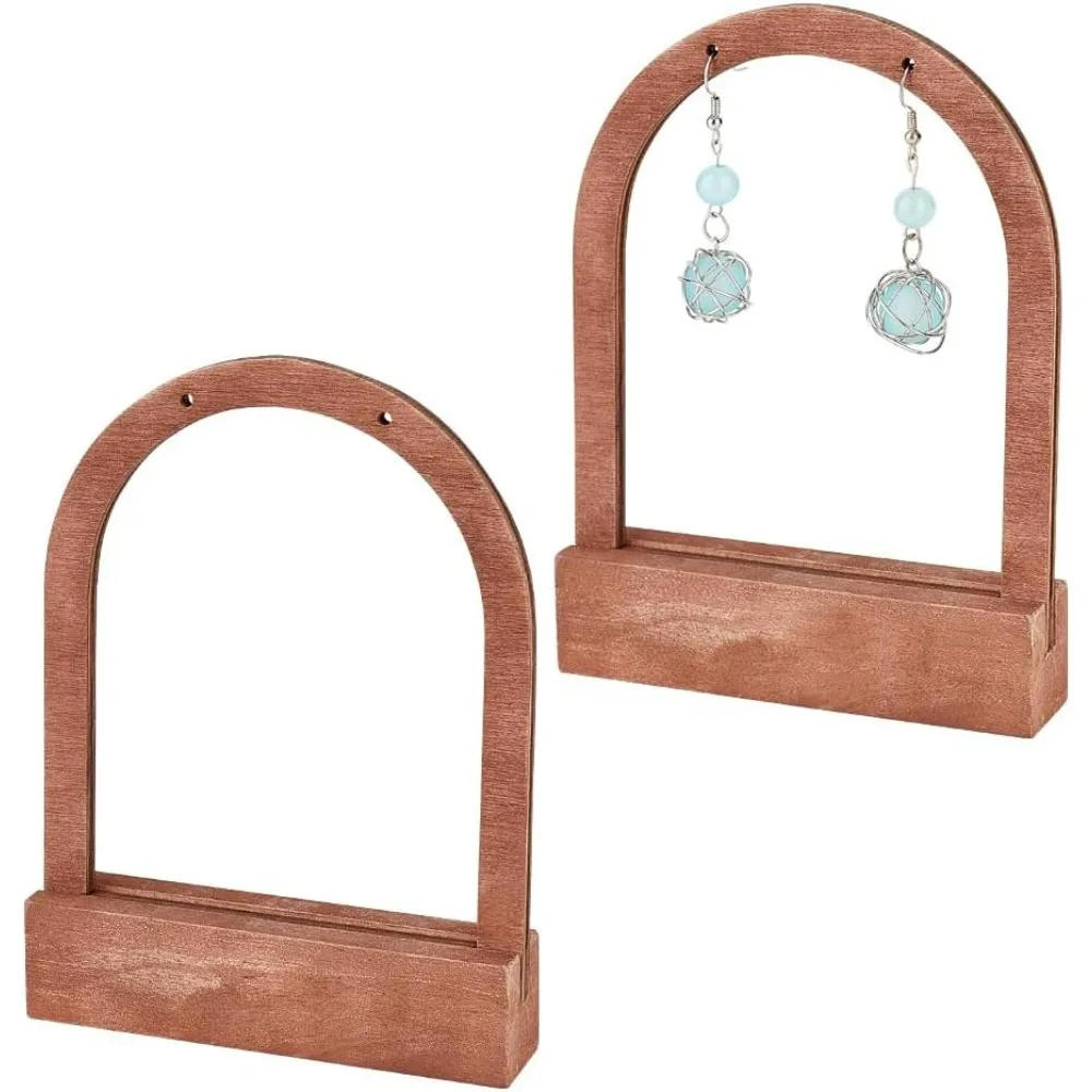 2 Set Hollow Arch Shaped Wood Earring Display Stand 5.3 inch Height Single Pair Earring Display Holder with Wooden Base