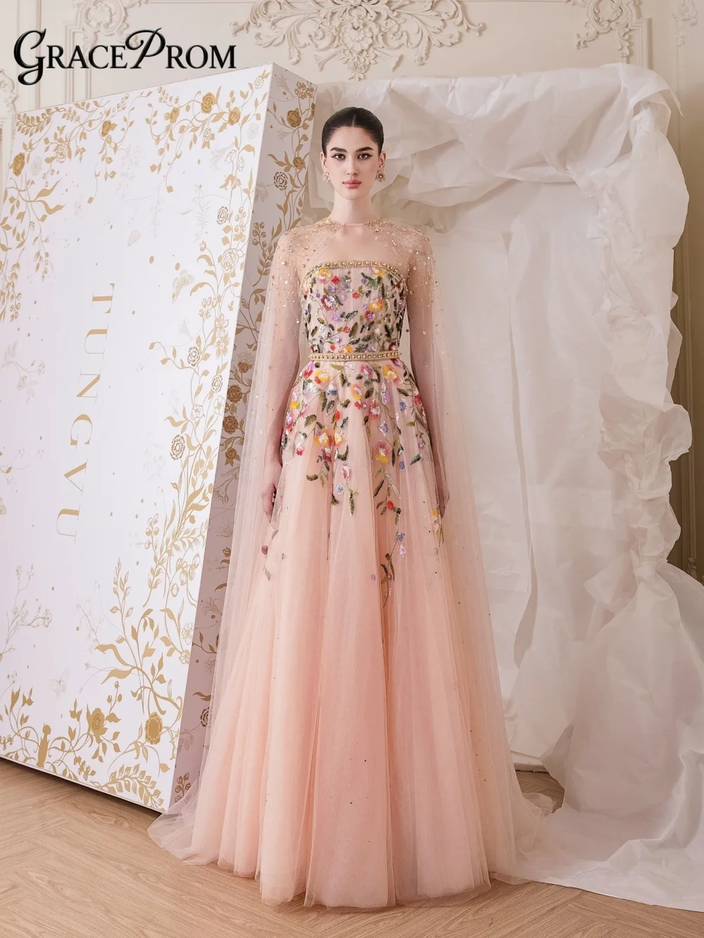 

Elegant Garden Multicolor Floral Evening Gown Pink High Neck Sheer Cape Sleeve A Line Party Dress For Wedding Guests فساتين سهرة