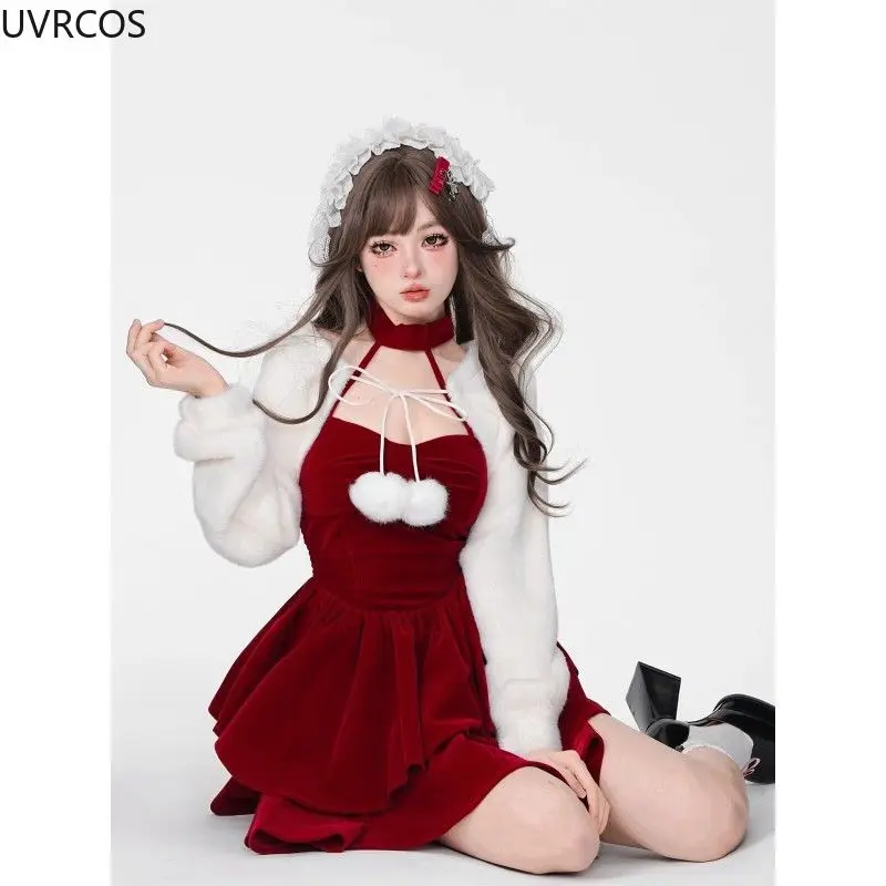 Kawaii manis Lolita dua potong Set wanita 2024 atasan syal putih gaya Korea gaun Mini pesta lucu setelan Natal Y2k merah