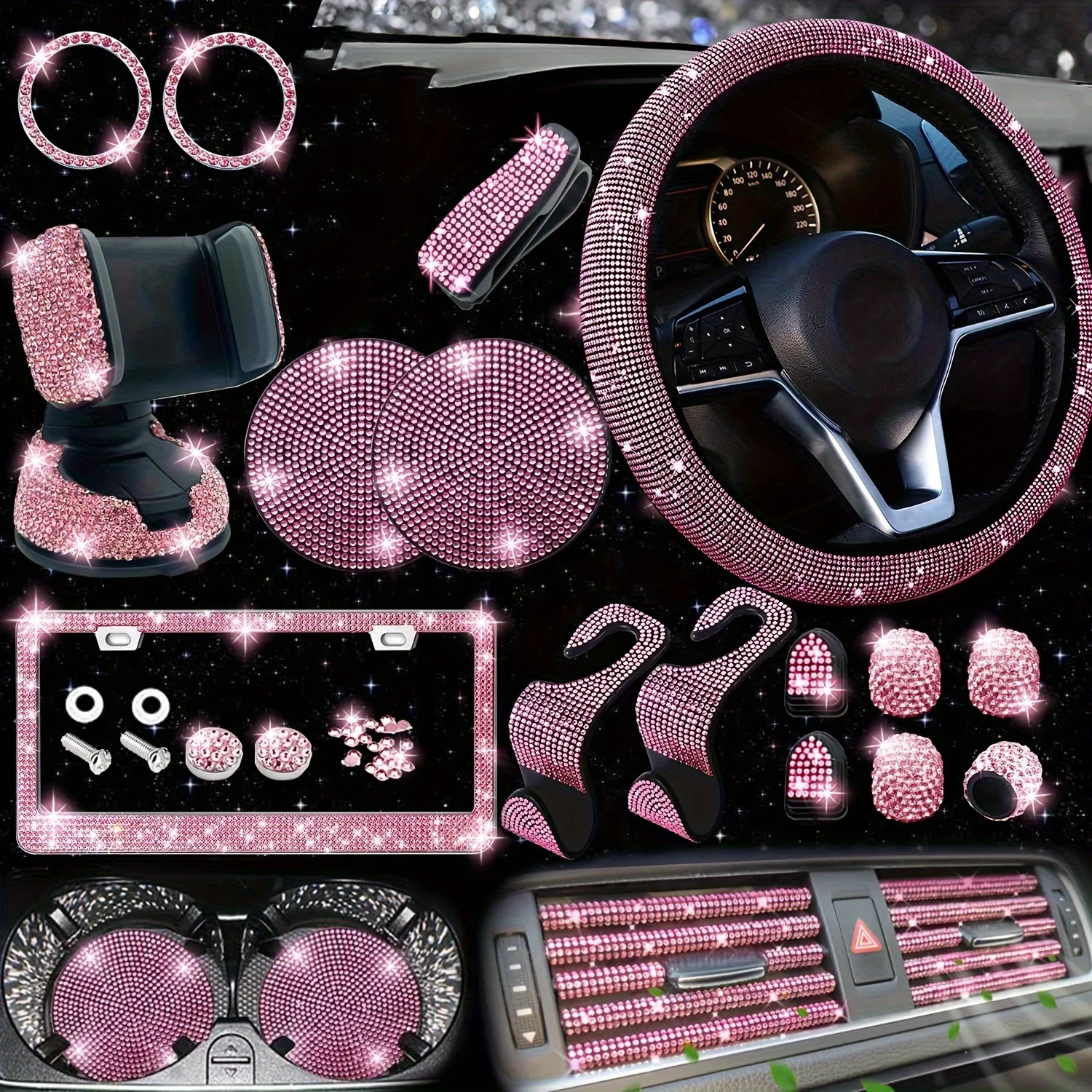 26pc Rhinestone Car Interior Set - Steering Wheel Phone Holder, Universal Fits Most Cars, Durable&Stylish, Perfect Gift