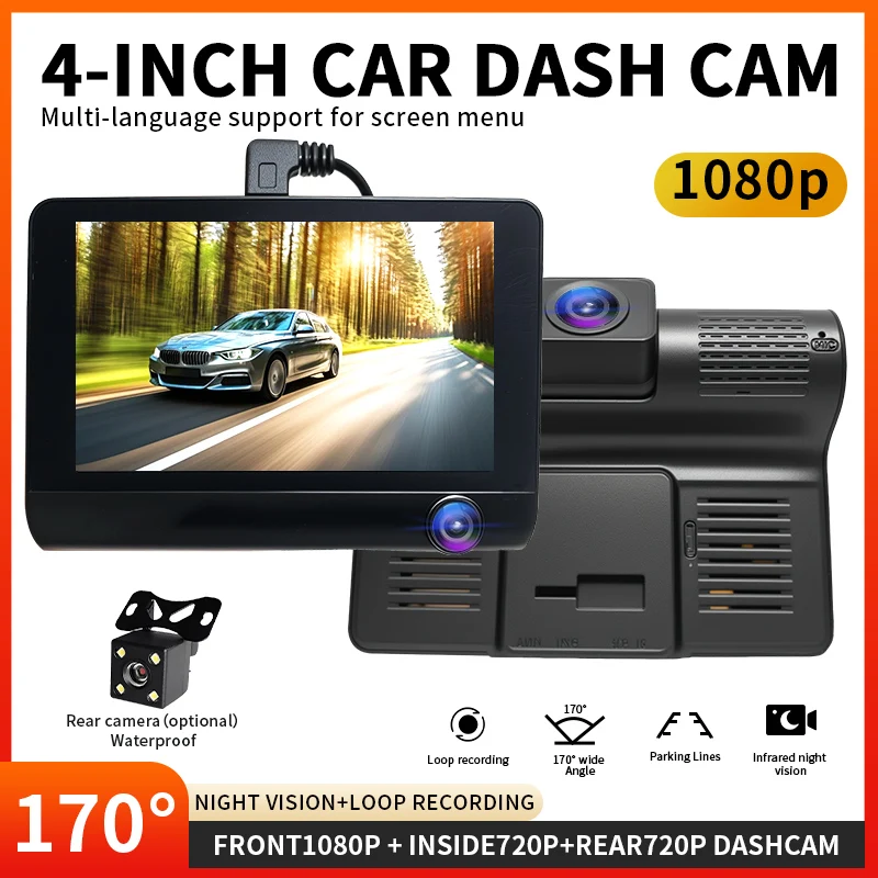 4-in-1 Dash Cam 1080P Front+Inside+Rear, 170° Wide Angle, Night Vision, Loop Recording, Waterproof Rear Camera Optional