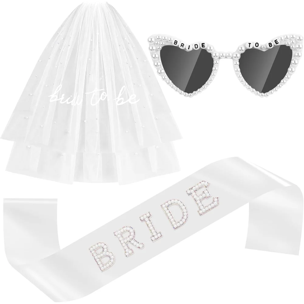Braut-Zubehör-Set mit Schleier, Schärpe und Sonnenbrille für Junggesellinnenabschied, Brautparty, Verlobung, Strand, Flitterwochen, Foto-Requisiten