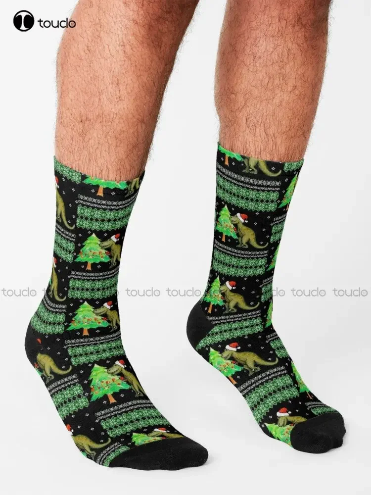 T-Rex Christmas Ugly Christmas Dinosaur Christmas Socks Womens Black Socks Personalized Custom Unisex Adult Teen Youth Socks