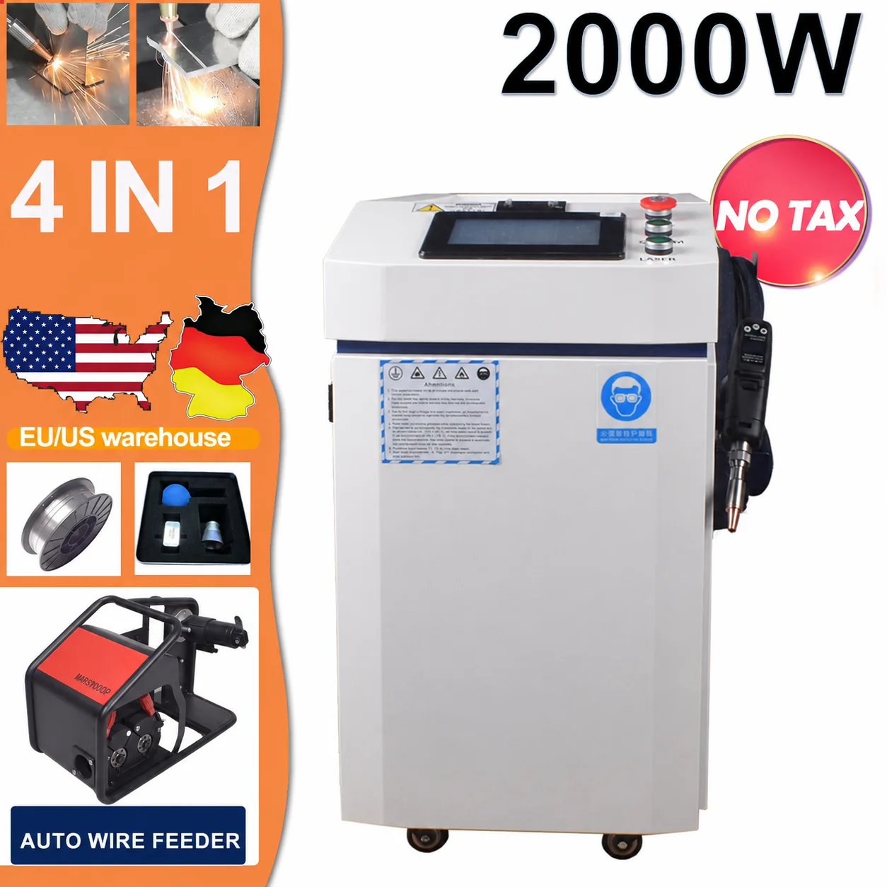4 IN 1 2000W Laser Welding Machine Welder Fiber Laser Water Chiller Cool for Metal Welding Cleaning Cutting SUP 4 IN 1 Gun