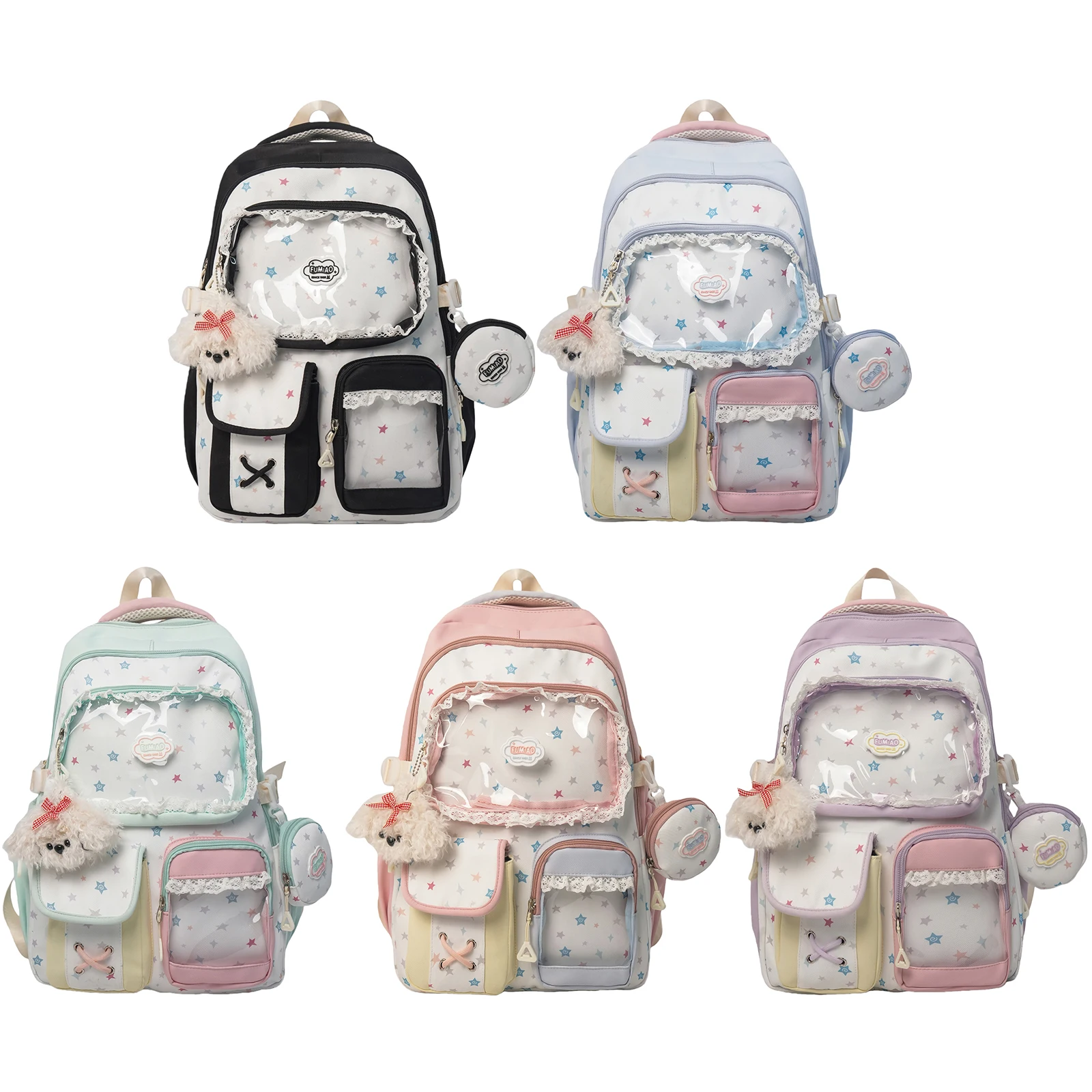 Women Nylon Ita Backpack with Clear Insert Pin Display Bookbag with Pendant Cutecore Daypack for Girls Cosplay Concert