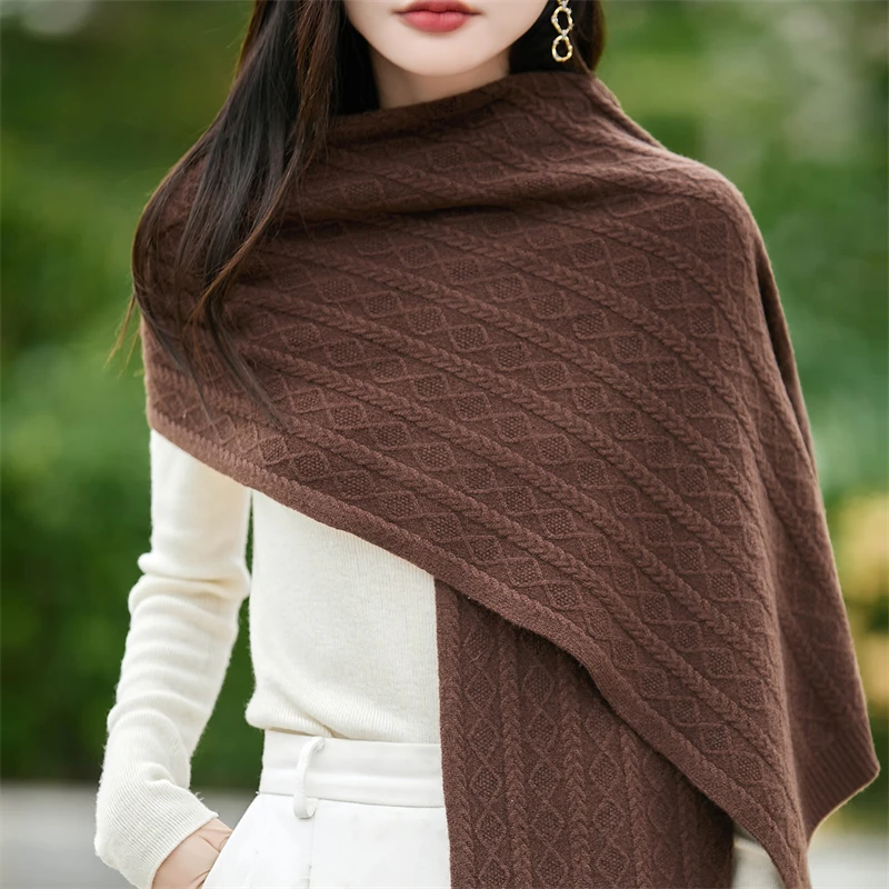 

100% pure wool shawl women's knitted scarf with lazy high-end exterior autumn winter simple fashion versatile solid color scarf