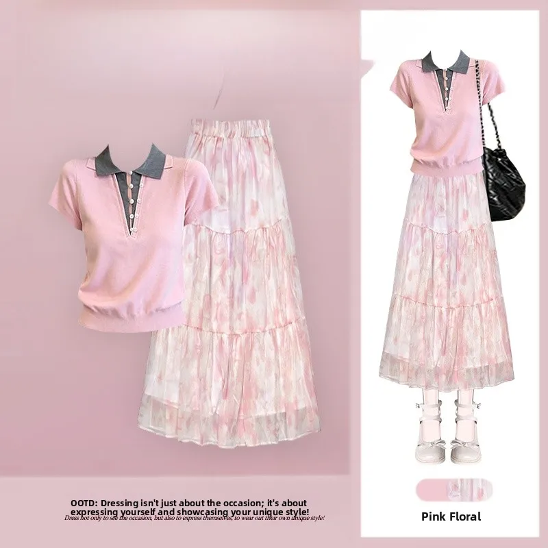 

Summer New College Style Set Women's Korean Anti-Aging Patchwork Turn-down Collar Knitted Top with Casual Skirt Two-piec...