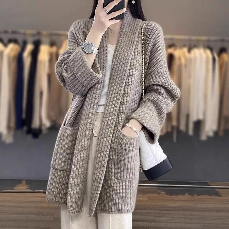 2025 Autumn/Winter Loose-Fit Versatile Simple Casual Sweater Knitted Top Jacket Fashionable Cardigan Medium-Length Top For Women