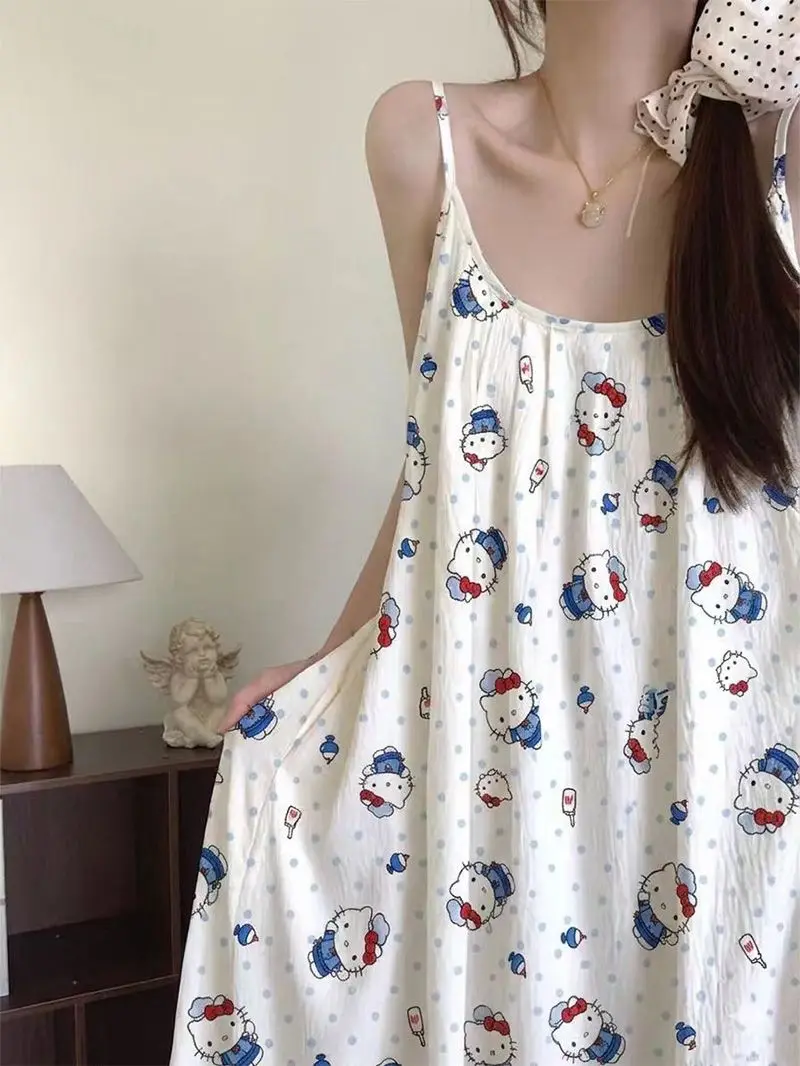 Hello Kitty Women's Summer Built-in Bra Cami Midi Nightdress Cute Cartoon Print Outdoor-Ready Elegant Sleepwear Loungewear