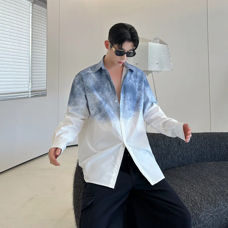 

Men's Long Sve adient Ink irt Casual Versatile Spring Autumn New Sle Korean Faion Stand Fit Polyester Fiber