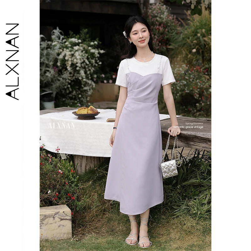 

ALXNAN Women's Long Dress 2026 Purple Elegant Color-Block Dress Casual Holiday Beach Short Sleeve Clothing Ladies L55220