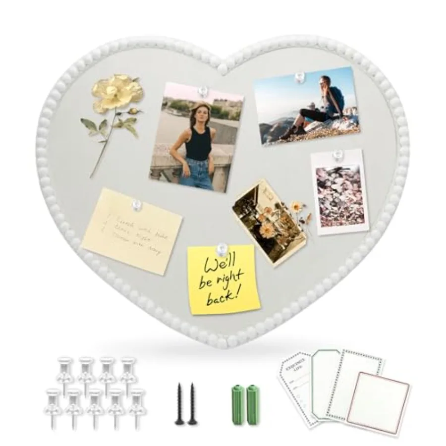

Large Heart-Shaped Linen Cork Bulletin Board with White Wood Frame 24x19 Inch Decorative Memo and Photo Pin Board Cute Vision B