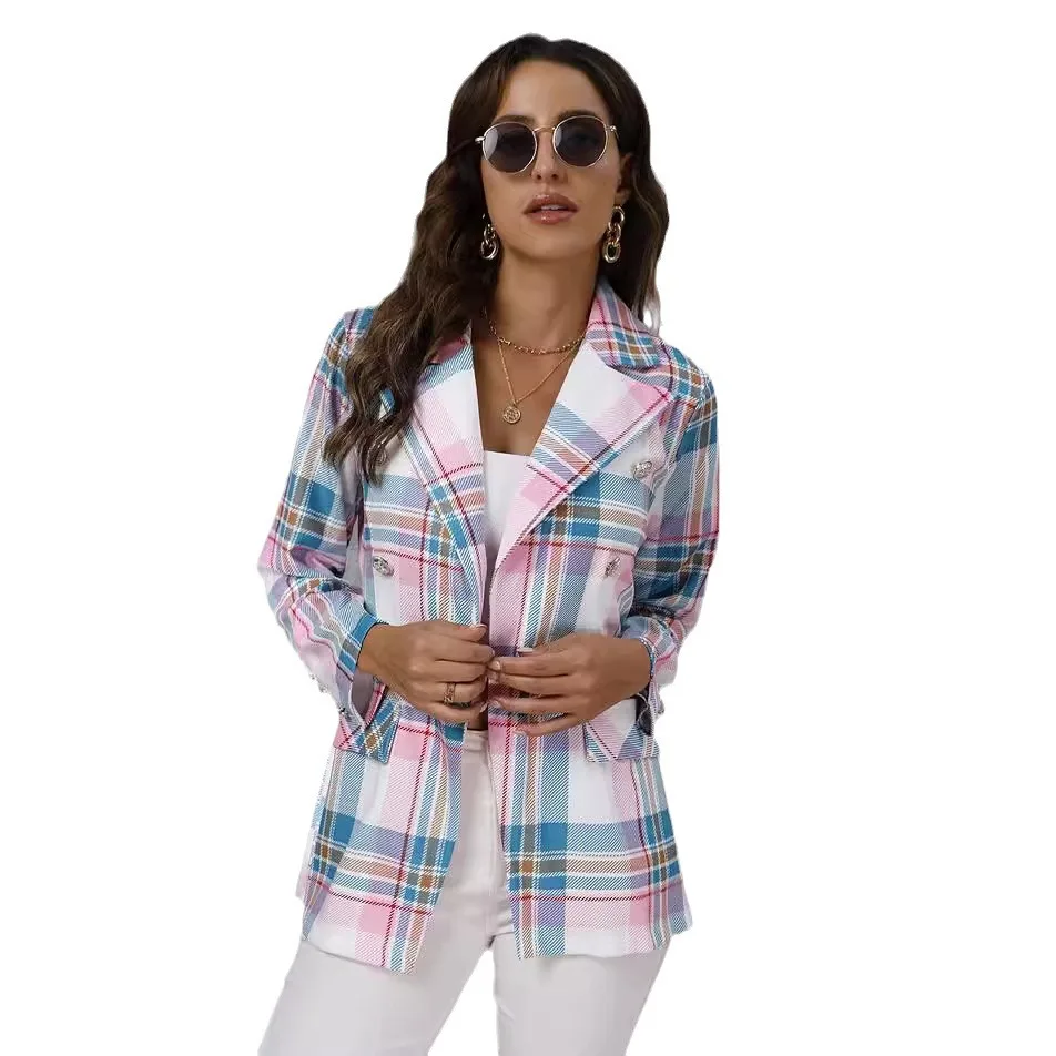 Nuove donne di alta qualità autunno nuova europa e stati uniti colore plaid stampato giacca a maniche lunghe abbigliamento donna