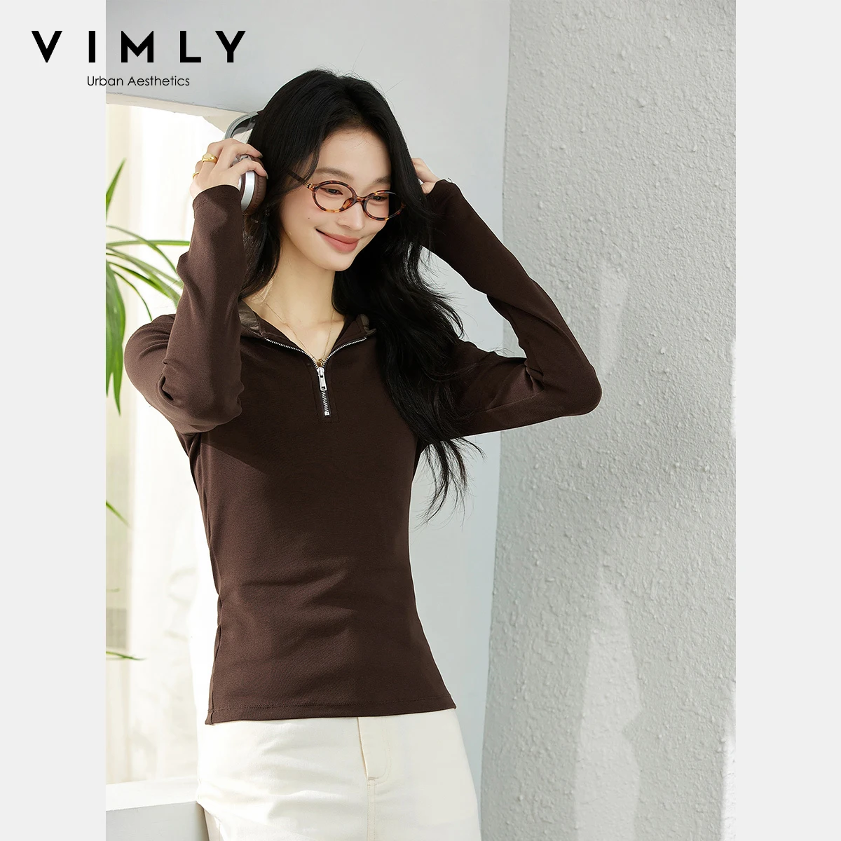 VIMLY Women's Hoodies 2025 Autumn Casual Slim Fit Half-zipper Long Sleeve Sweatshirt Hooded Patchwork Ladies Tops A1926