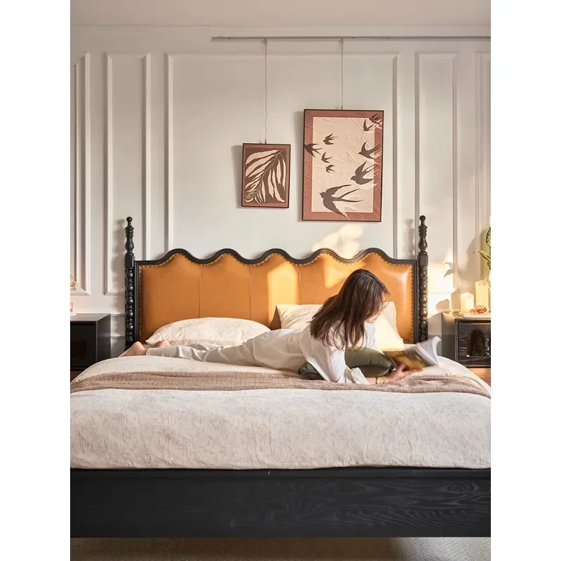 French retro bed double solid wood  soft bag leather  master bedroom ripple