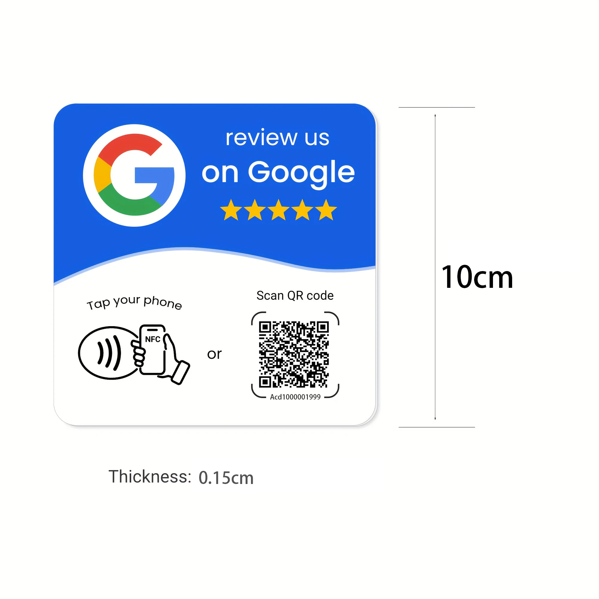 บัตร NFC แบบสี่เหลี่ยม NFC 215 พร้อม QR code ที่ตั้งโปรแกรมได้ สำหรับรีวิว Google  แท่นวาง NFC สำหรับโต๊ะ  จอแสดงผล NFC แบบโค้งงอ พร้อมขาตั้งยึดแบรนด์