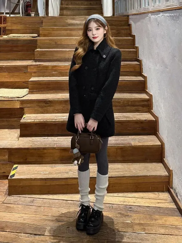 

Корейское шерстяное пальто премиум-класса с поясом, миди, модное, для миниатюрных женщин, зимняя верхняя одежда, с пуговицами