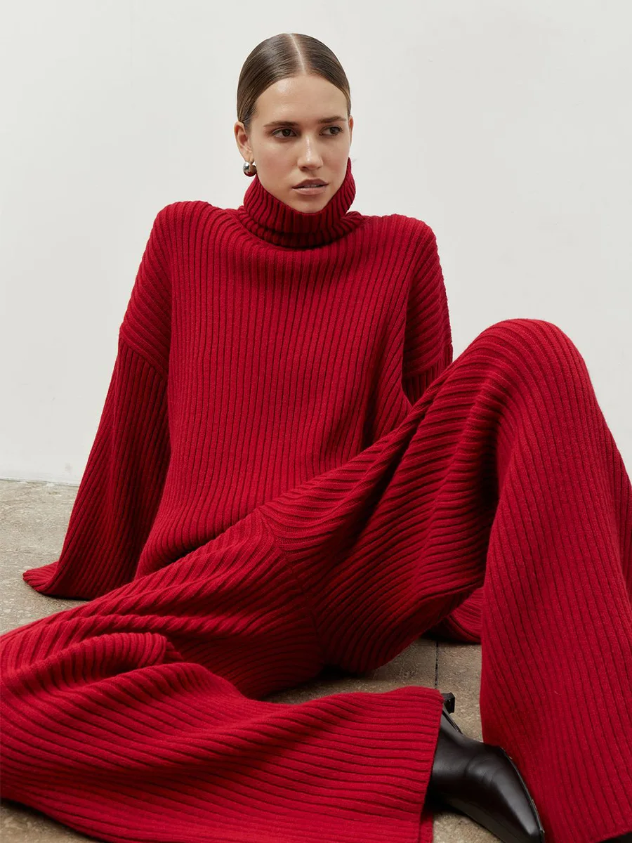 

Bornladies New Women's Ribbed Turtleneck Sweater Wide Leg Pants Set Soft Fabric Loose Autumn Winter Pullover Pants 2-piece Set