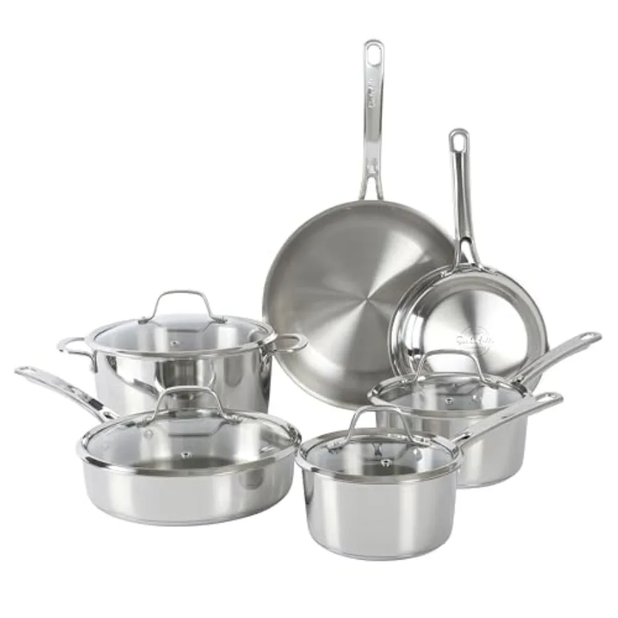 

Kitchen Essentials Chef's Deck 10 Piece Stainless Steel Non Toxic Pots and Pans Kitchen Cookware Set with Triply Encapsulated B