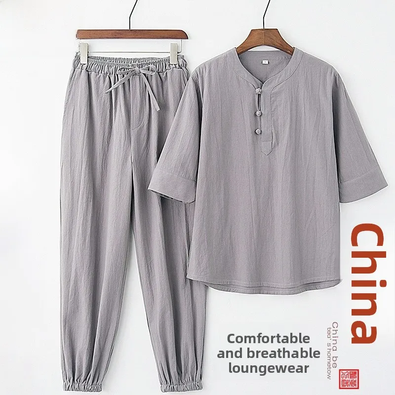 

Loose Linen Men's Zen Sle Tea Ceremony Clothing Summer Lay Brother Meditation Daoist Robe Set Casual Sportswear Ensemble