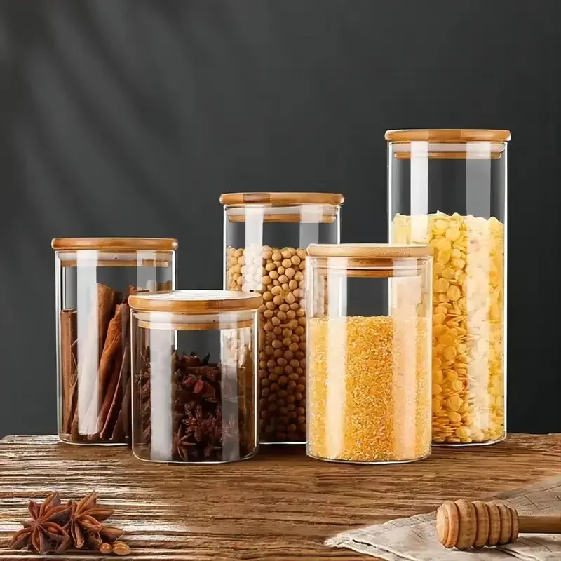 600ML 800ML Glass Food Storage Tank with Made of bamboo Lid Kitchen Coffee Beans Candy Tea Grains Canister Home Snacks Storage