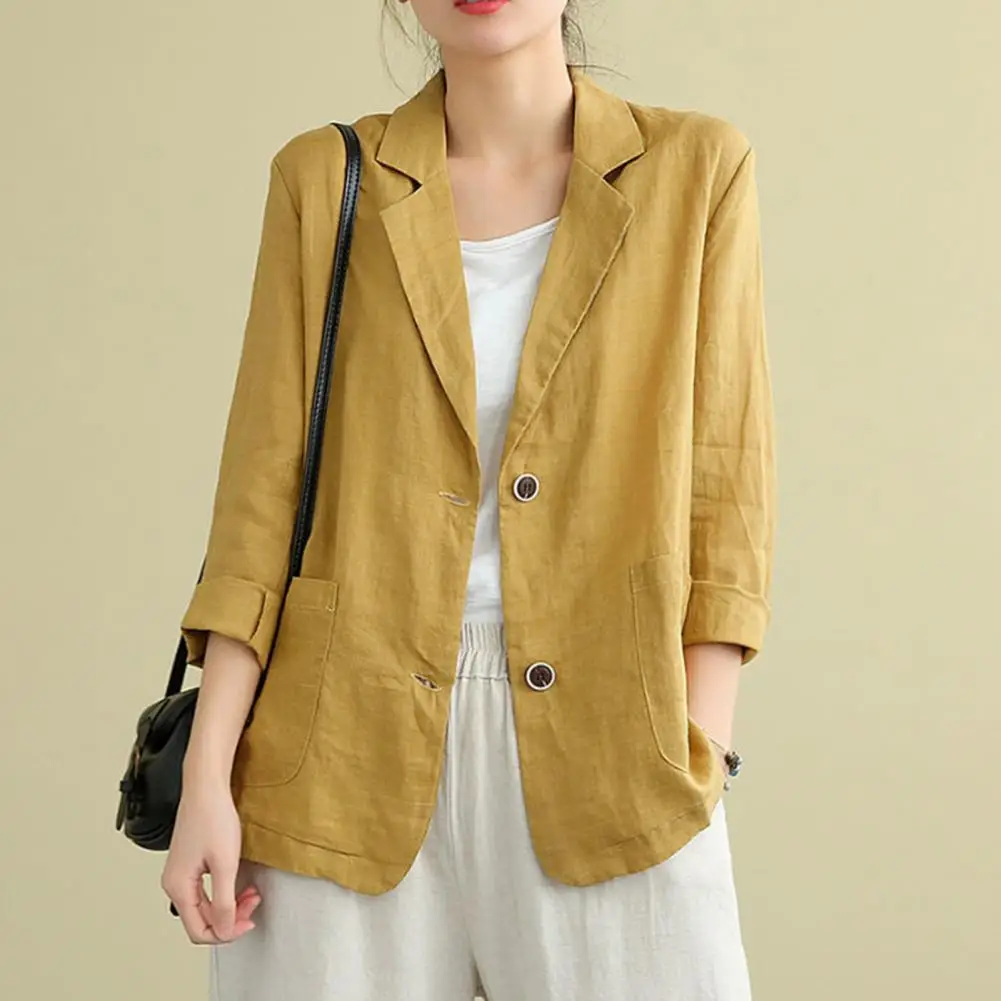 Cotton Linen Blazers Women Oversized Loose Notched Button Up Thin Blazer Coat Solid Color Long Sleeve Casual Office Jackets