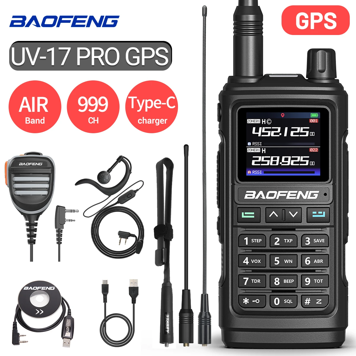 Baofeng UV-17 프로 GPS 워키토키, 에어 밴드, 장거리 무선 복사 주파수, C 타입 충전기, UV K5 UV-5R 햄, 양방향 라디오