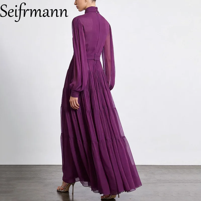 Seifrmann Solid Color Pleated Dress Stand Collar Long Sleeve Waist Long Dress 2026 Summer Women's New Style