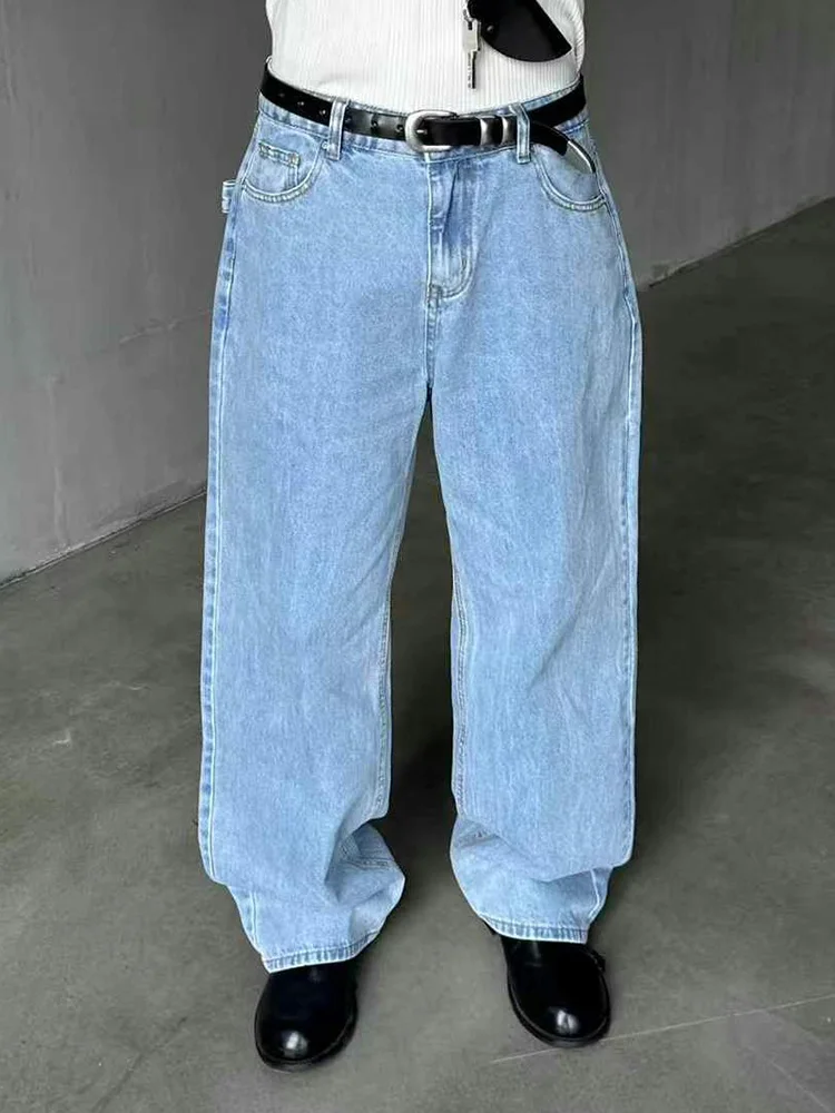 

Джинсы с американской талией в стиле ретро, мужские свободные прямые повседневные длинные брюки, модные молодежные джинсовые брюки с высокой талией, прямая трубка