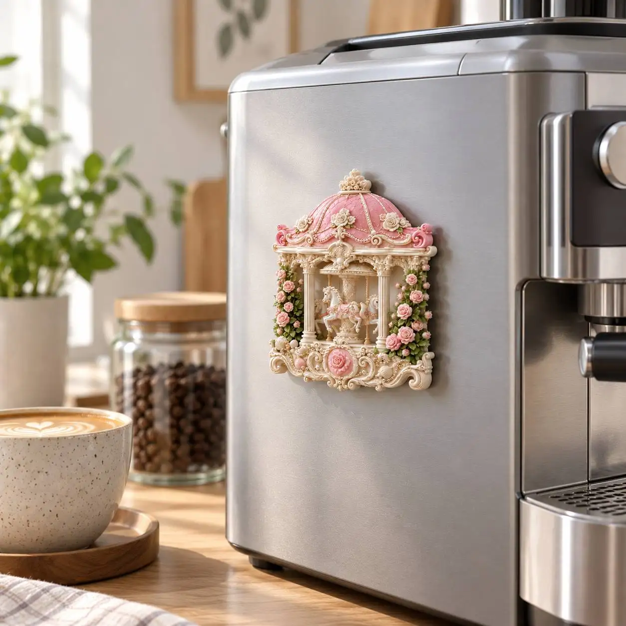 2/1 Piece Set Pink Carousel Castle Fridge Magnet, Rose Carved White Horse Magnet, Embossed Resin Magnetic Fridge Magnet, Creative Home Decor Magnet - Suitable for Kitchen, Refrigerator, Dishwasher, Whiteboard, Office, Perfect Christmas Gift, Birthday Gift, Wedding Souvenir