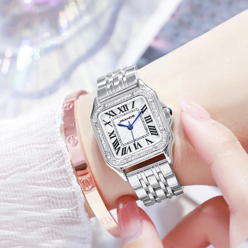 Luxury Brand Watches Women Steel Silver Original Waterproof Female Quartz Hand Clock Elegant Square Ladies Wristwatches Rose