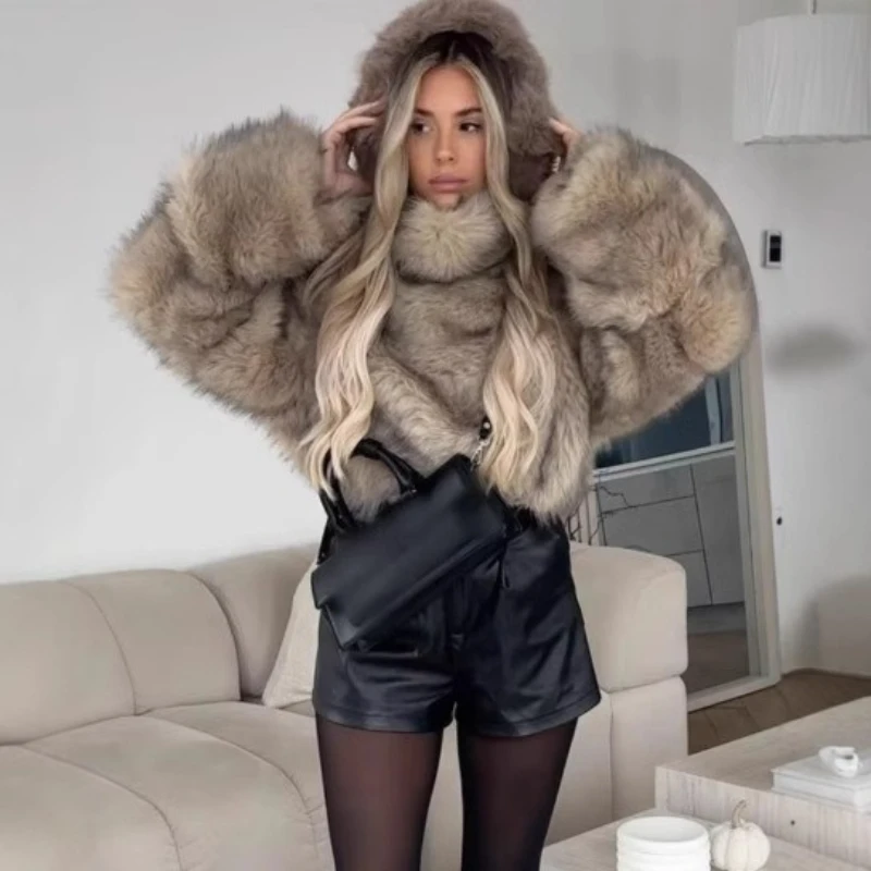 

Куртка из искусственного меха с воротником-стойкой, пуловер, свободная короткая серая меховая куртка 2025, пушистая теплая толстая плюшевая куртка из искусственного кролика, роскошная элегантная куртка
