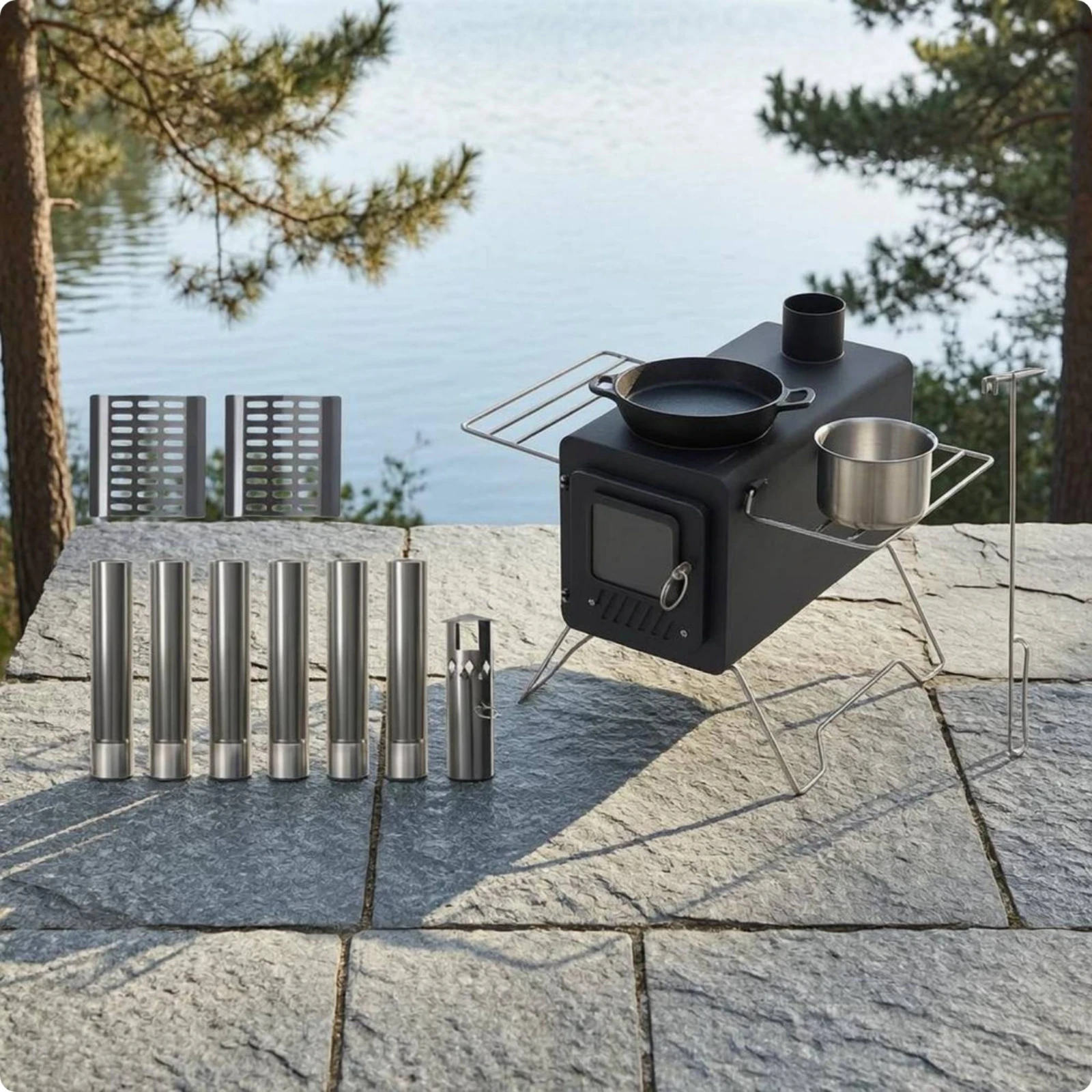 Camping Wood Heater Two-in-Single Unit Use Portable Wood Heater Outdoor Gear Side Cooking Racks Fire Viewing Window for Campers