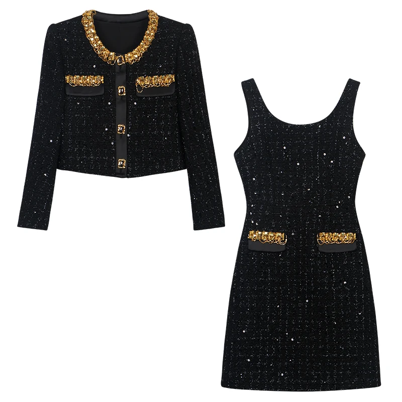 New Fashion Light Luxury Celebrity Heavy Industry Diamond-Inlaid Sequin Temperament Small Fragrance Style Dress + Skirt Suit
