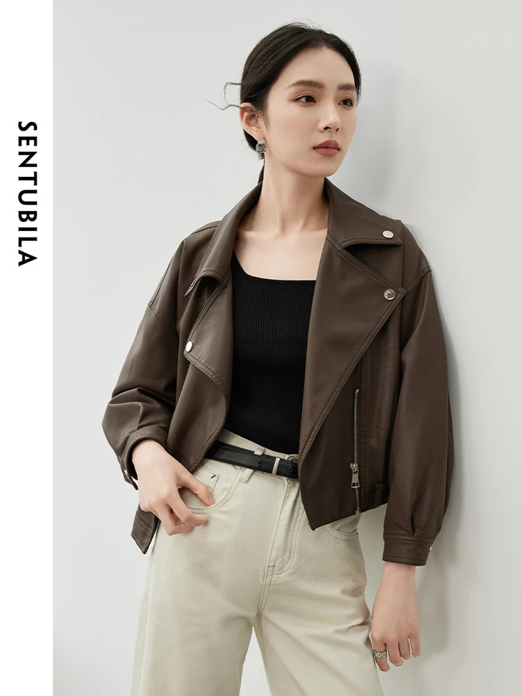 SENTUBILA Braune Pu-Kunstlederjacken für Damen, 2025, Herbst, Streetwear, langärmelig, kurze Ledermäntel, Bürodame W43G56293