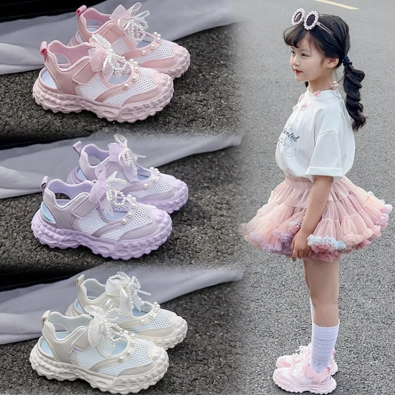 

Little Girls Hollowed-out Mesh Sandals with Cute Beaded Bow 2026 New Summer Toddler Chunky Sports Sandals Non-slip Comfort Chic