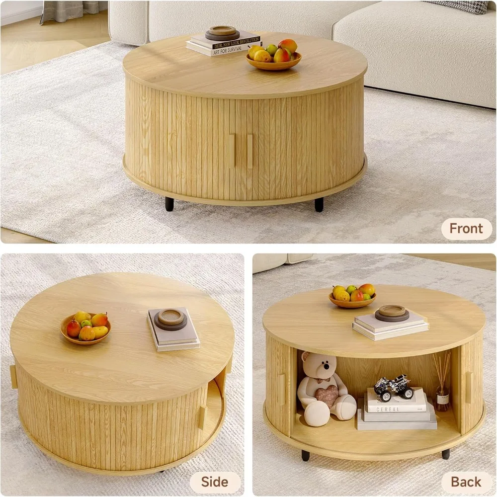 طاولة قهوة مستديرة مع مساحة تخزين، 31.5 طاولة قهوة حديثة مع 360 درجة °   باب منزلق منحني، طاولة قهوة خشبية مخددة