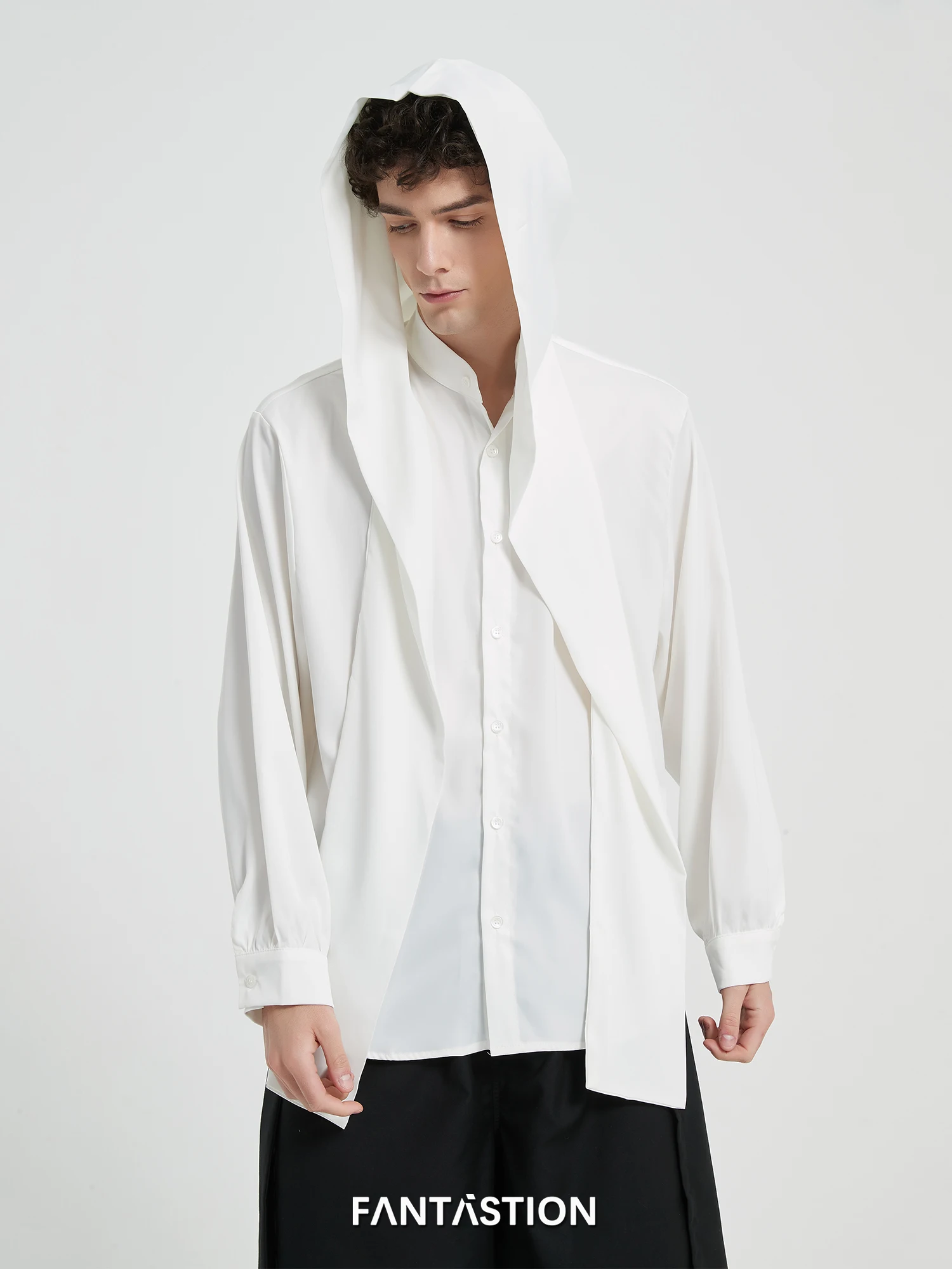 

FANTASTION original design Shawl hooded shirt unisex ice silk long sleeved loose shoulder cardigan shirts for men's clothing