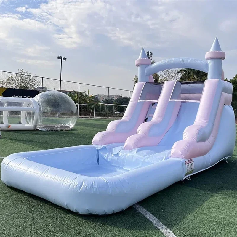 Tobogán acuático inflable de grado comercial con castillo inflable para piscina contra salpicaduras para adultos y niños, incluye estacas de soplador y envío