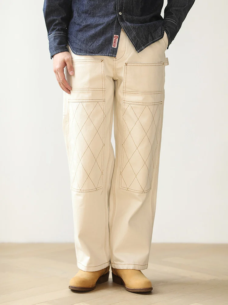 

Double Knee Wide Leg Denim Jeans White American Retro Sle Youth Casual Cotton Straight Leg Trousers for Men