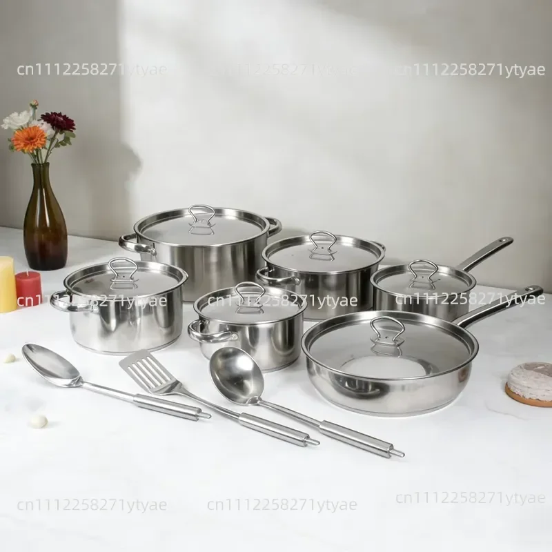 Stainless steel 9-piece double-bottom pot set, food grade, rust-proof, durable, uniform heat dissipation, dishwasher cleaning