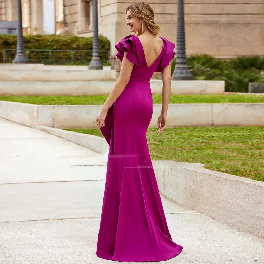 Elegant Mother of the Bride Dresses Mermaid Ruffle V Neck Wedding Guest Gown for Women 2023 Trumpet Formal Evening Dress Fuchsia