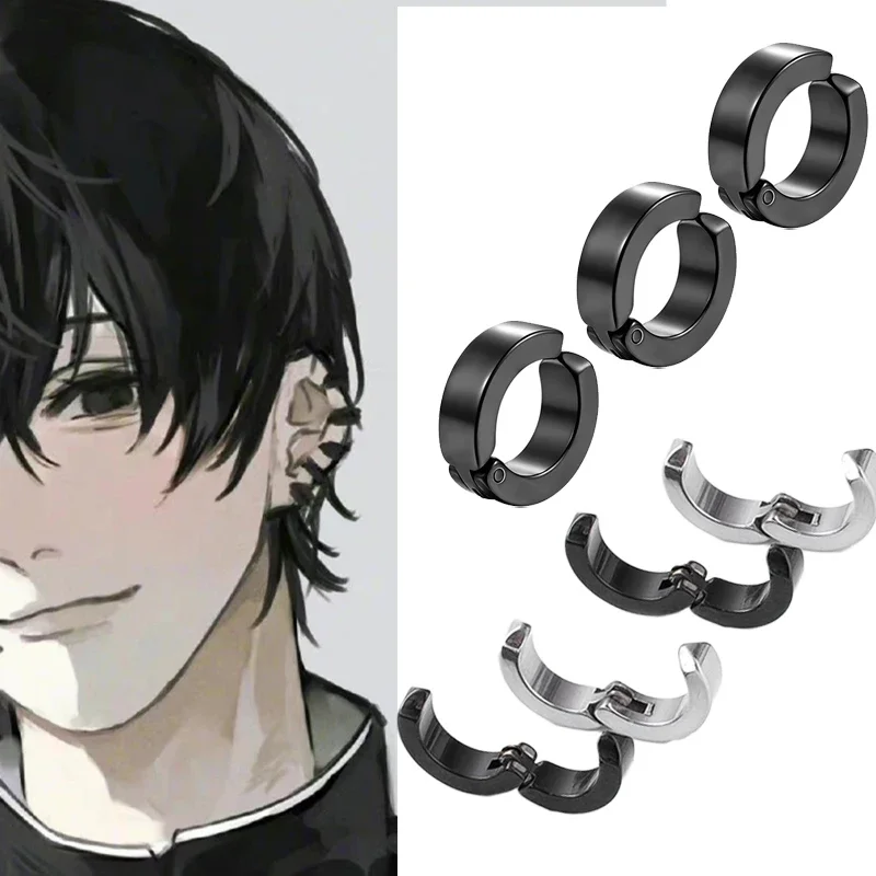2 uds Anime motosierra hombre Yoshida Hirofumi Cosplay pendientes con Clip para la oreja mujeres hombres Punk negro sin oreja falsa perforada círculo joyería Pop