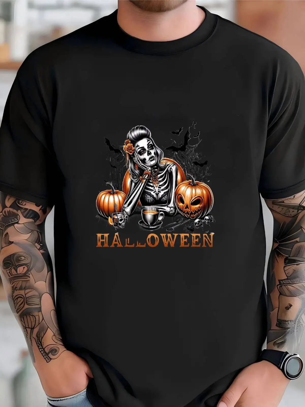 Mens Funny Skeleton Pumpkin Sweatshirt: Retro Halloween Graphic Shirt T-Shirt 100% Cotton Trendy Y2K Short-Sleeve Tee-Soft,