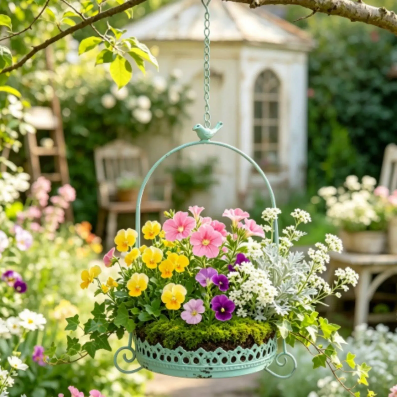 

Chain Hanging Flower Basket French Design Lace Border Hanging Basket Plant Hanger Chain Weather-Resistant Bird Feeder Heavy Duty