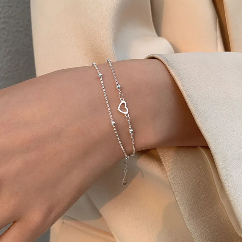 

925 Sterling Silver Double Layer Round Bean Heart Shaped Bracelet For Women Sweet Jewelry Girls Birthday Party Gifts
